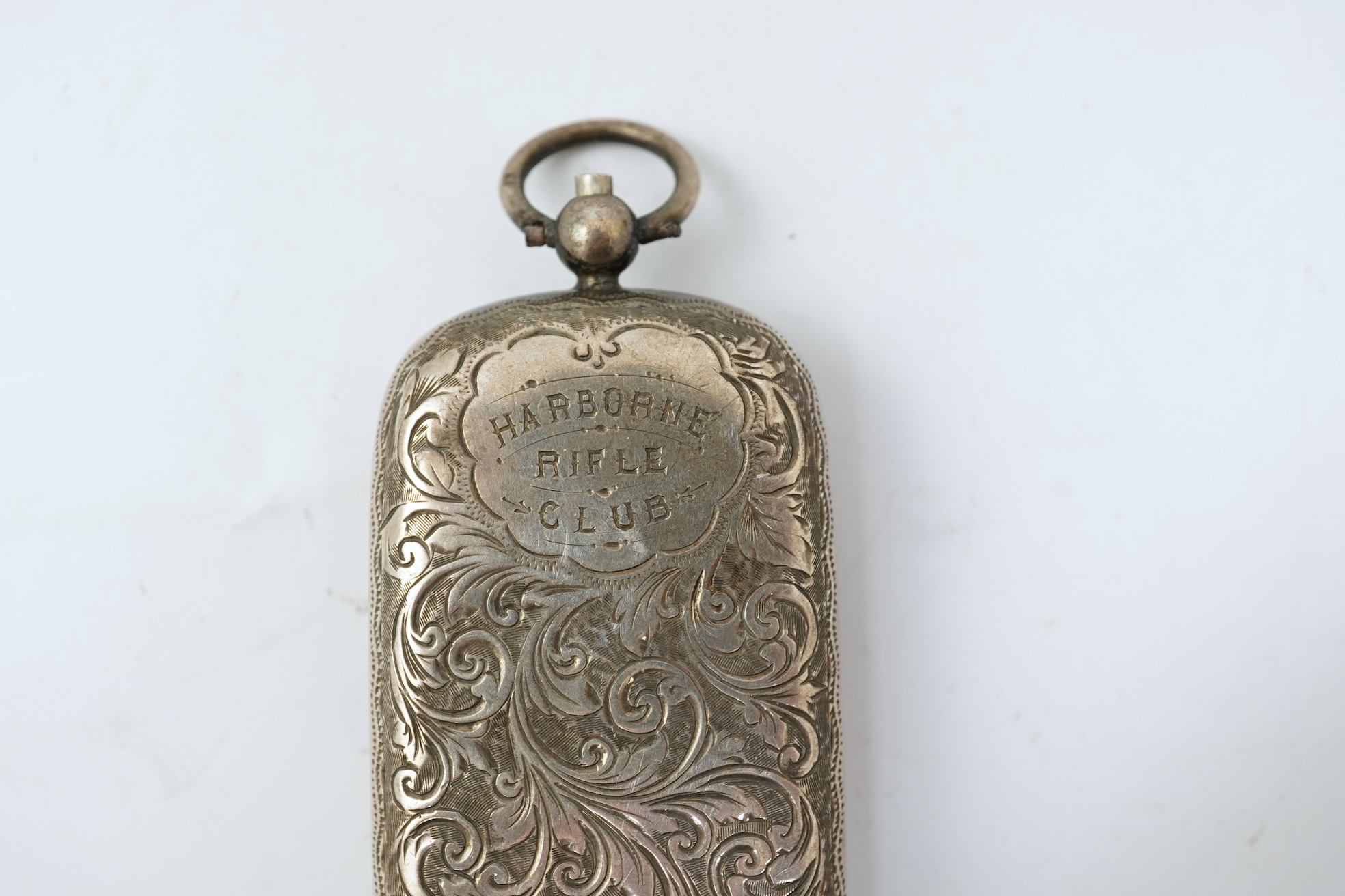 A late Victorian engraved silver oval combination sovereign and vesta case, by JW